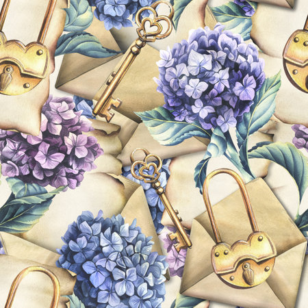 Papyrus paper, craft envelopes with golden keys and locks with hydrangea and eucalyptus flowers. Hand drawn watercolor illustration. Seamless pattern, background.の写真素材