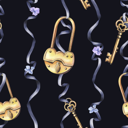Golden keys and locks suspended on a dark blue ribbon. Hand drawn watercolor illustration. Seamless pattern on a dark background.の写真素材