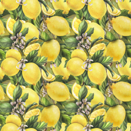 Lemons are yellow, juicy, ripe with green leaves, flower buds on the branches, whole and slices. Watercolor, hand drawn botanical illustration. Seamless pattern on a white background.の写真素材
