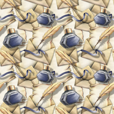 Writing supplies: papyrus paper, craft envelope, gold feather, ink in a glass jar, ribbon and splashes. Hand drawn watercolor illustration. Seamless pattern, background.の写真素材