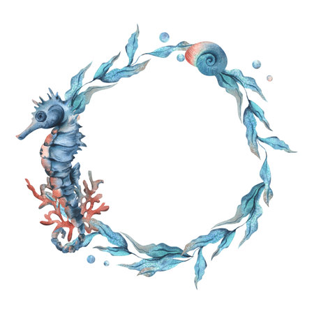 Underwater world clipart with sea animals seahorse, shells, coral and algae. Hand drawn watercolor illustration. Circle wreath, frame isolated from the background.の写真素材