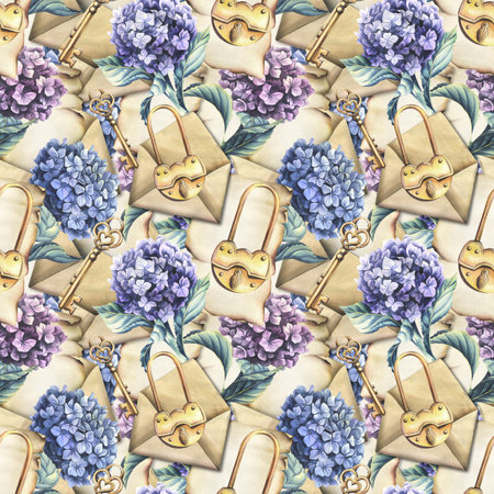 Papyrus paper, craft envelopes with golden keys and locks with hydrangea and eucalyptus flowers. Hand drawn watercolor illustration. Seamless pattern, backgroundの写真素材
