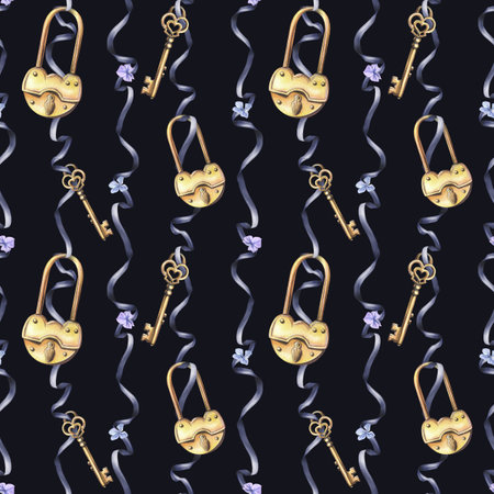 Golden keys and locks suspended on a dark blue ribbon. Hand drawn watercolor illustration. Seamless pattern on a dark background.の写真素材