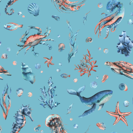 Underwater world clipart with sea animals whale, turtle, octopus, seahorse, starfish, shells, coral...