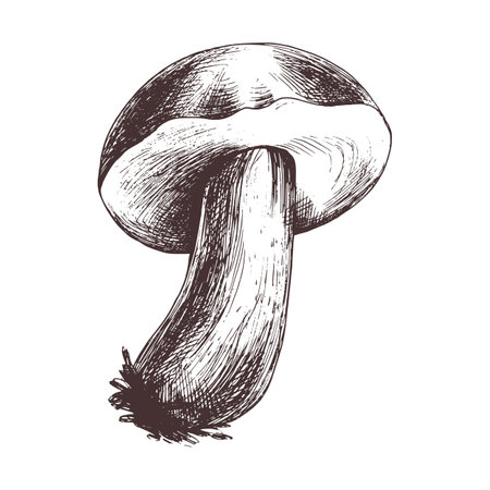 Forest edible mushroom boletus with moss on a stem. Graphic botanical illustration hand drawn in brown ink. For recipes, packaging, autumn festival, harvest. Isolated objectのイラスト素材