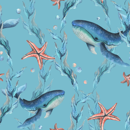 Underwater world clipart with sea animals whale, starfish, bubbles and algae. Hand drawn watercolor illustration. Seamless pattern on a blue backgroundの写真素材