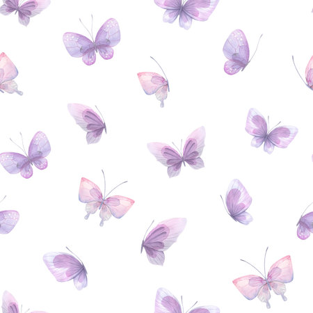 Watercolor illustration of pink and lilac butterflies. Seamless pattern, gentle, airy. For fabric, textiles, wallpaper, prints, scrap paperの写真素材