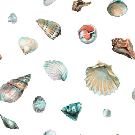 Seashell Pattern on isolated background. Hand drawn watercolor seamless ornament with Sea Shells for wrapping paper or textile in nautical style. Underwater illustration with cockleshell and scallop.の写真素材