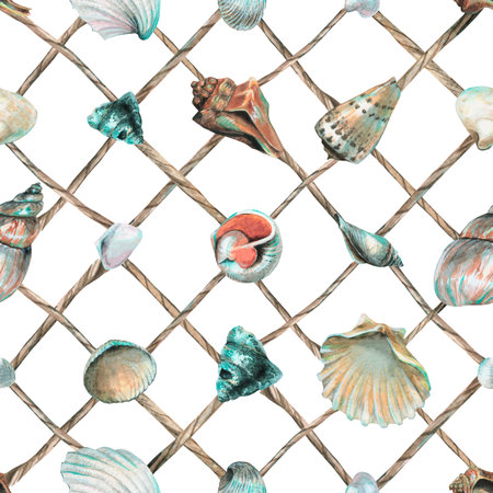 Seashells are hung on a fishing net made of ropes. Hand drawn watercolor illustration. Seamless marine, beach, summer pattern for decoration and design of textiles, clothing, accessories.の写真素材