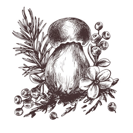 Forest porcini mushroom with larch, lingonberry, moss and cone. Graphic botanical illustration hand drawn in brown ink. For recipes, packaging, autumn festival, harvest. Isolated composition.のイラスト素材