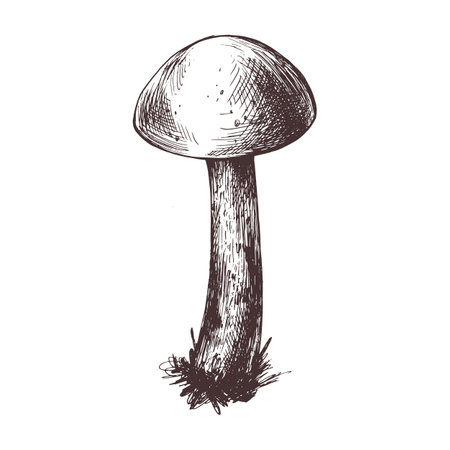 Forest edible mushroom boletus with moss on a stem. Graphic botanical illustration hand drawn in brown ink. For recipes, packaging, autumn festival, harvest. Isolated objectのイラスト素材