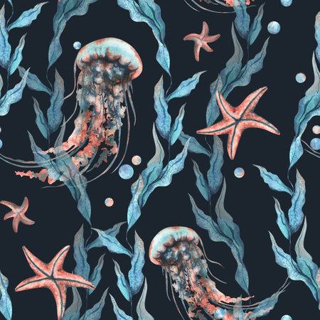 Underwater world clipart with sea animals jellyfish, starfish, bubbles and algae. Hand drawn watercolor illustration. Seamless pattern on a dark background.の写真素材
