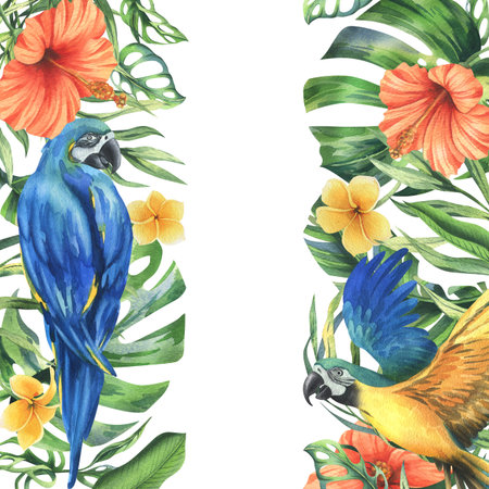 Tropical palm leaves, monstera and flowers of plumeria, hibiscus, bright juicy with blue-yellow...