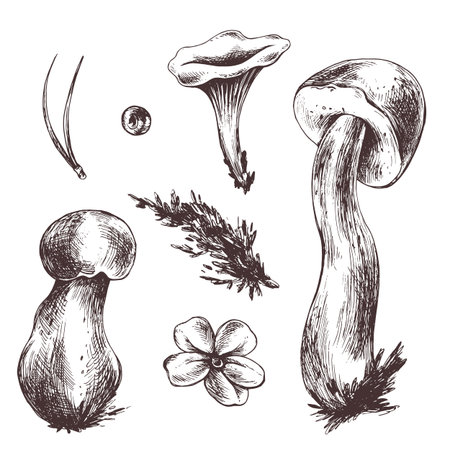 A set of forest mushrooms, boletus, chanterelles and blueberries, lingonberries, twigs, cones, leaves. Graphic botanical illustration hand drawn in brown ink. For autumn festival. set of elements.のイラスト素材