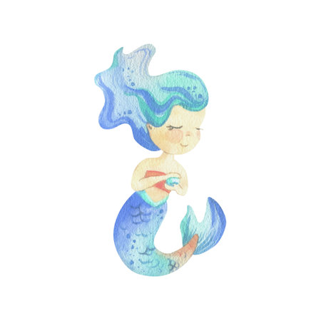 Mermaid is a little girl with long hair and a tail, holding a pearl in her hand. Watercolor illustration hand drawn with pastel colors turquoise, blue, mint, coral. Element isolated from background.の写真素材