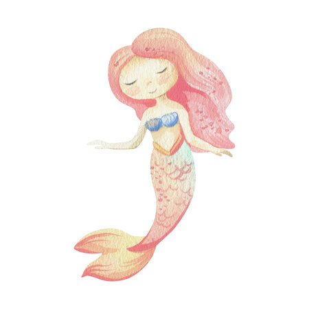 Mermaid is a little girl with long hair and a tail. Watercolor illustration hand drawn with pastel colors turquoise, blue, mint, coral, peach, pink. Element isolated from backgroundの写真素材