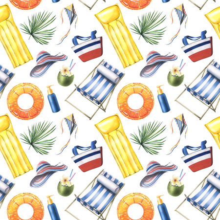 Beach, summer, tropical vacation with palm leaves, deck chair, bag, hat, sun creams, inflatable toys. Watercolor illustration, hand drawn. Seamless pattern on a white backgroundの写真素材