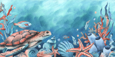 Underwater world clipart with sea animals whale, turtle, octopus, seahorse, starfish, shells, coral and algae. Hand drawn watercolor illustration. Border, template, frame on a blue marine backgroundの写真素材