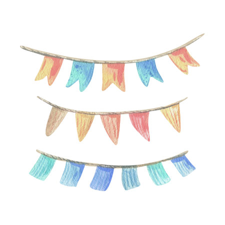 Festive flags and garlands for decoration. Watercolor illustration, hand drawn in pastel colors: pink, peach, coral, turquoise, blue. Set of elements isolated from background.の写真素材