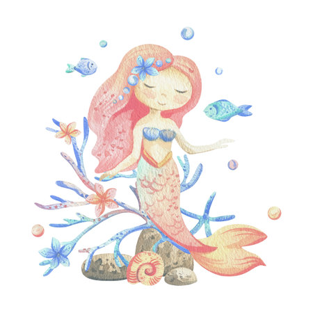 Mermaid is a little girl with long hair and a tail. Watercolor illustration hand drawn with pastel colors turquoise, blue, mint, coral, peach, pink. Composition isolated from background.の写真素材