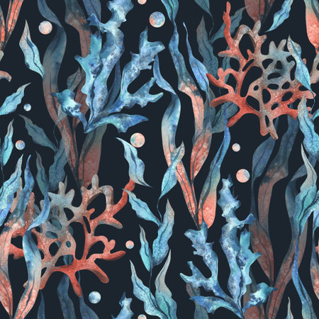 Underwater world clipart with sea animals, bubbles, coral and algae. Hand drawn watercolor illustration. Seamless pattern on a dark blue backgroundの写真素材