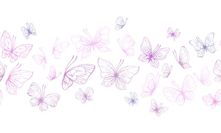 Butterflies are pink, blue, lilac, flying, delicate line art, clip art. Graphic illustration hand drawn in pink, lilac ink. Seamless board pattern EPS vectorのイラスト素材