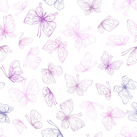 Butterflies are pink, blue, lilac, flying, delicate line art, clip art. Graphic illustration hand drawn in pink, lilac ink. Seamless pattern EPS vector.のイラスト素材