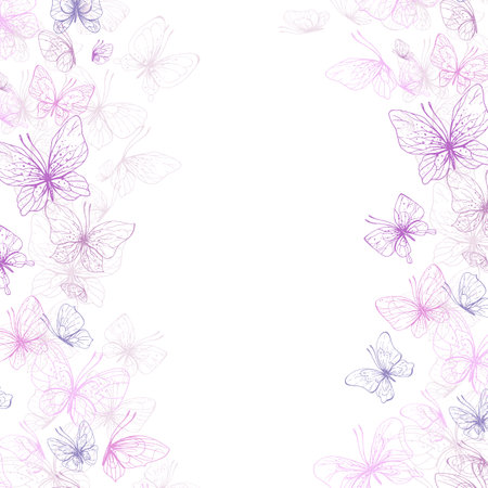 Butterflies are pink, blue, lilac, flying, delicate line art. Graphic illustration hand drawn in pink, lilac ink. Square frame, template EPS vectorのイラスト素材