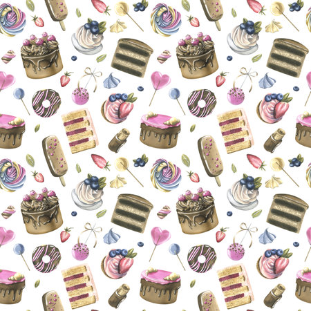 Cakes with brownies, donuts, marshmallows, lollipops, strawberries and blueberries. Watercolor illustration hand drawn. Seamless pattern on a white backgroundの写真素材