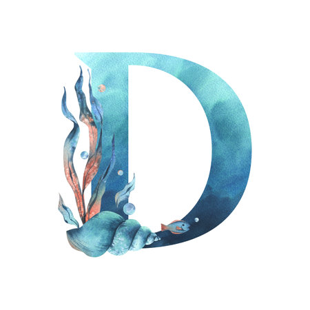 Capital letter D, part of the Latin alphabet decorated in a wet theme with corals, shells, algae, bubbles, blue and coral colors. Hand drawn watercolor illustration. Element isolated from background.の写真素材