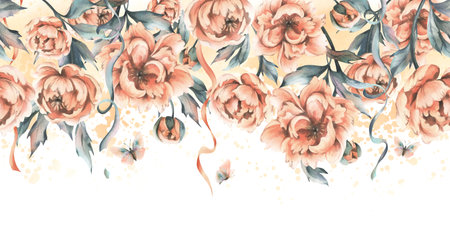 Beautiful peonies in peach fuzz color with leaves, buds and flying butterflies. Hand drawn watercolor illustration. Seamless border, pattern horizontal isolated from the background.の写真素材