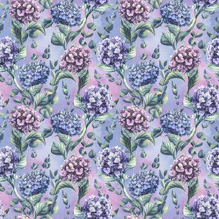Hydrangea flowers of blue, lilac and pink flowers with eucalyptus branches on a washes background. Watercolor illustration. Seamless pattern from the WEDDING FLOWERS collection. For decoration designの写真素材