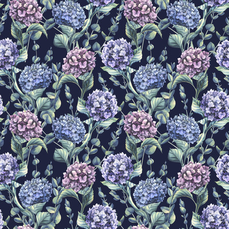 Hydrangea flowers of blue, lilac and pink flowers with eucalyptus branches on a dark background. Watercolor illustration. Seamless pattern from the WEDDING FLOWERS collection. For decoration, design.の写真素材