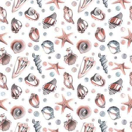 Various broken seashells and starfish, bubbles. Watercolor illustration hand drawn. Seamless pattern for fabric textiles, wallpaper, packaging, beach and summer prints on a white backgroundの写真素材
