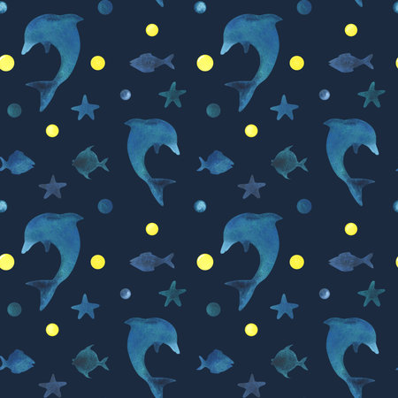 Silhouettes of a dolphin, fish, starfish and dots in blue, turquoise and yellow. Watercolor illustration, hand drawn in childish style. Seamless pattern on a blue dark backgroundの写真素材