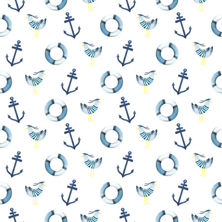 Lifebuoys with anchors, seagulls. Watercolor illustration, hand drawn in childish style. Seamless pattern on a white backgroundの写真素材