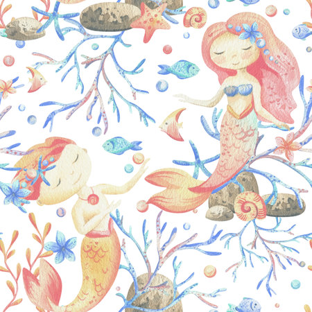 Mermaids is a little girls and boys with fish, seashell, corals, algae, starfish. Watercolor illustration hand drawn pastel colors coral and blue. Seamless pattern on a white backgroundの写真素材