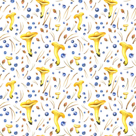 Forest edible chanterelle mushrooms are yellow with blueberries, autumn leaves and pine needles. Watercolor illustration, hand drawn. Seamless pattern on a white backgroundの写真素材