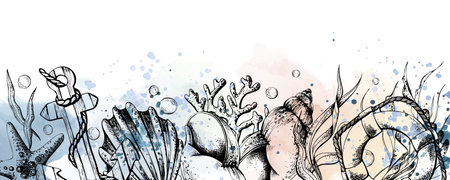 Marine animals with an anchor, a lifebuoy and a steering wheel. Illustration of graphic line art in black and white, hand drawn. Horizontal board for decoration and design.のイラスト素材