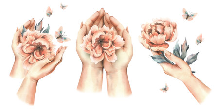 Beautiful peonies in peach fuzz color with leaves and flying butterflies in female hands. Hand drawn watercolor illustration. Set of compositions isolated from backgroundの写真素材
