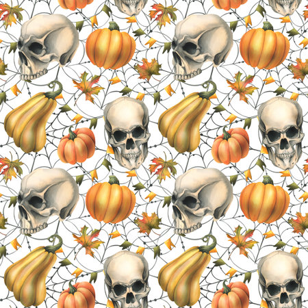 Human skull with orange pumpkins, cobwebs, garlands of flags and autumn leaves. Hand drawn watercolor illustration for Halloween and Day of the Dead. Seamless pattern on a white backgroundの写真素材