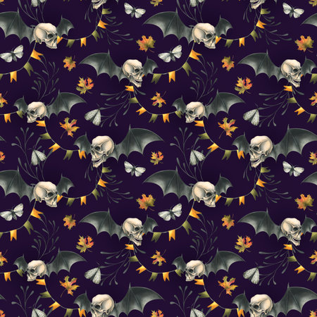 Human skulls with bat wings, branches, moths, garlands of flags and autumn leaves. Hand drawn watercolor illustration for Halloween and Day of the Dead. Seamless pattern on a dark backgroundの写真素材