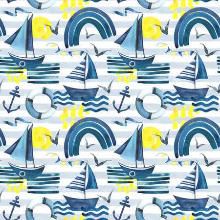 Sailing blue boats with a ribbon floating on the water with a yellow sun and rainbow. Watercolor illustration hand drawn in a simple abstract childish style. Seamless pattern on a white background.の写真素材