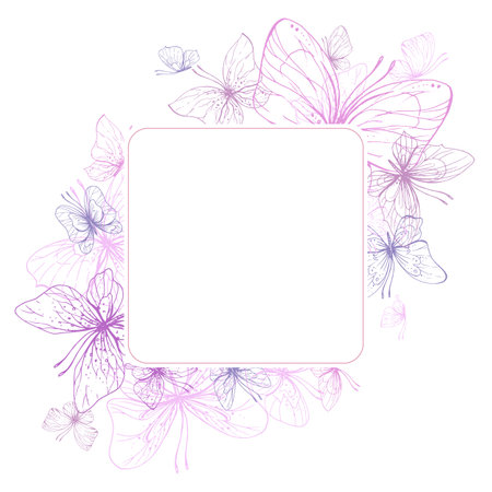 Butterflies are pink, blue, lilac, flying, delicate line art. Graphic illustration hand drawn in pink, lilac ink. Square frame, template EPS vectorのイラスト素材