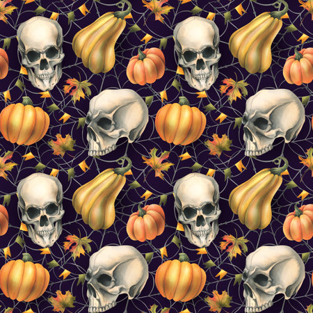 Human skull with orange pumpkins, cobwebs, garlands of flags and autumn leaves. Hand drawn watercolor illustration for Halloween and Day of the Dead. Seamless pattern on a dark purple backgroundの写真素材