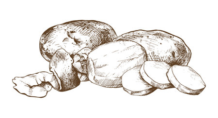 White potatoes in skins, whole, peeled, with a spiral of peelings. Graphic illustration hand drawn in brown ink. EPS vector on the theme of harvest cooking, food, packaging, vegetable shop design.のイラスト素材