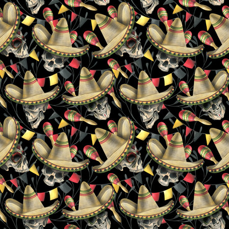Human skulls in a sombrero hat, maracas, garland flags, branches. Hand drawn watercolor illustration for day of the dead, halloween, Dia de los muertos. Seamless pattern on black backgroundの写真素材