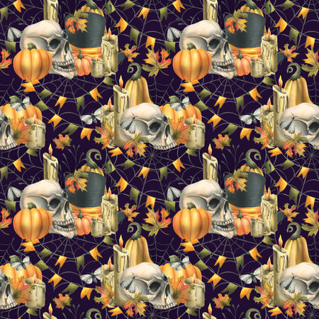 Human skull, black top hat with orange pumpkins, cobwebs, candles and autumn maple leaves. Hand drawn watercolor illustration for Halloween. Seamless pattern on a dark purple backgroundの写真素材