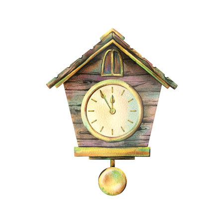 Wall clock with cuckoo, dial and hands, pendulum, wooden, antique, brown with gold details. Watercolor illustration hand-drawn. Separate object, element isolated from the background.の写真素材