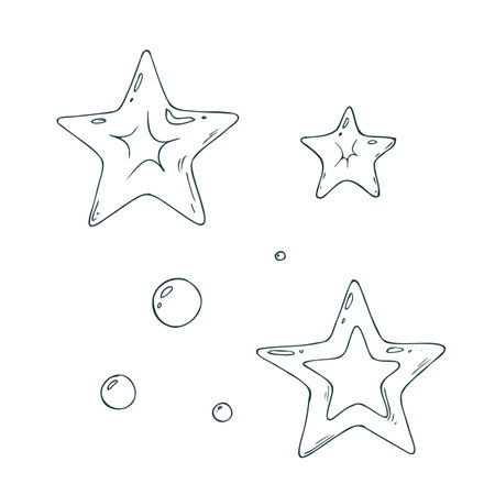 Golden stars, New Year s toys for decoration and other holidays, volumetric. Line art is a simple hand-drawn illustration in black and white ink. Isolated vector EPS object.のイラスト素材